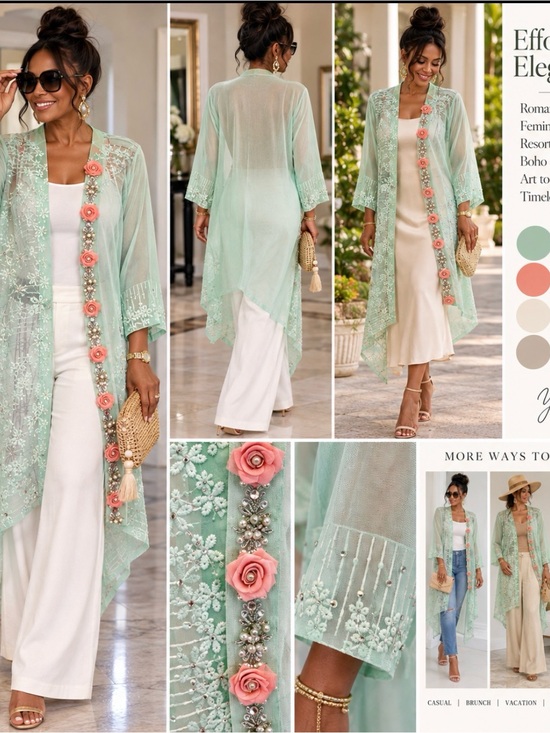 The Unbranded Brand Jackets & Blazers - Cottage core Resort Wear VinageBrand Mint Sheer Floral Embellished Kimono Jacket